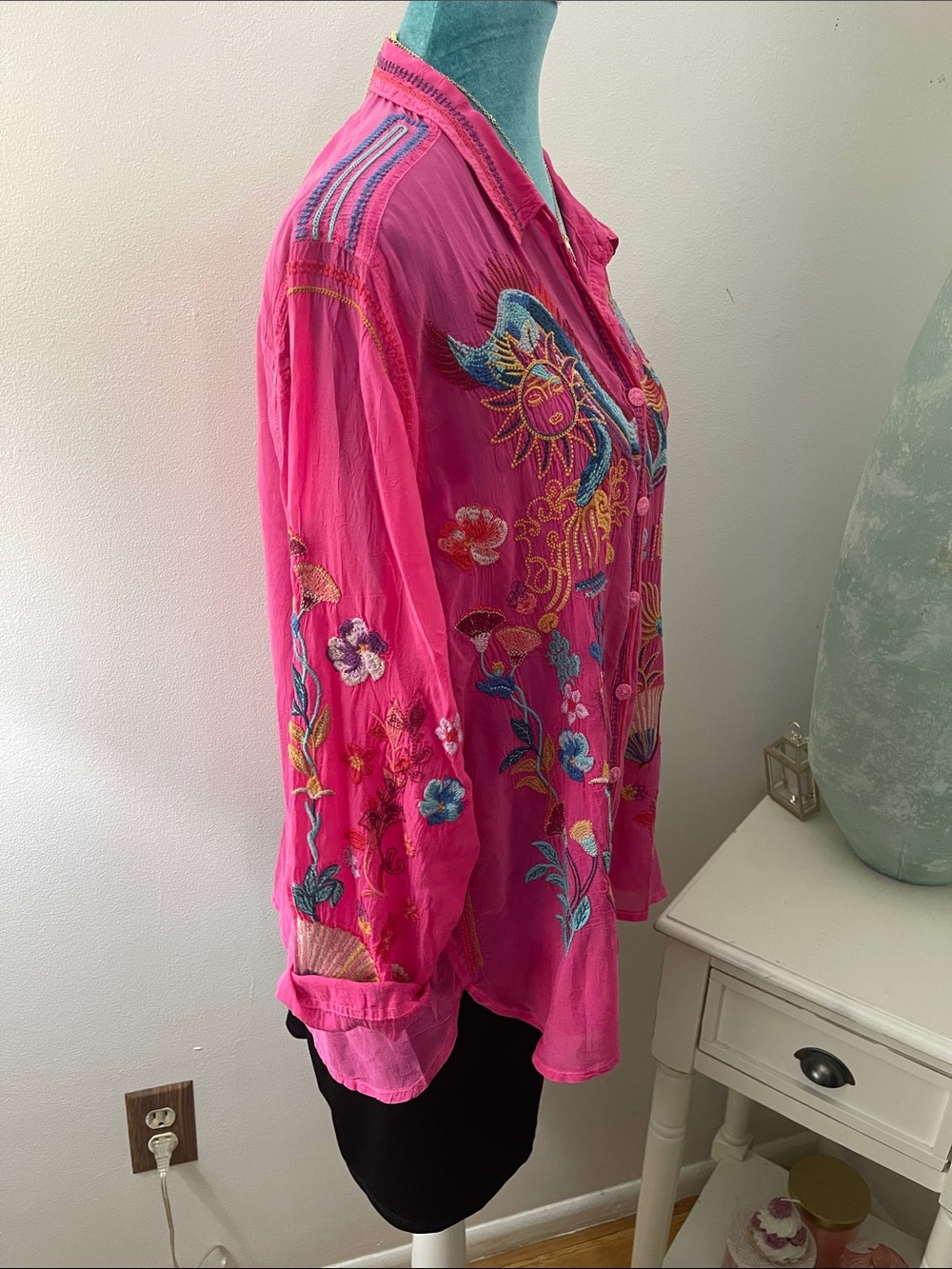 Johnny Was Hot Pink Embroidered Button-Down Shirt - Picture 5 of 11
